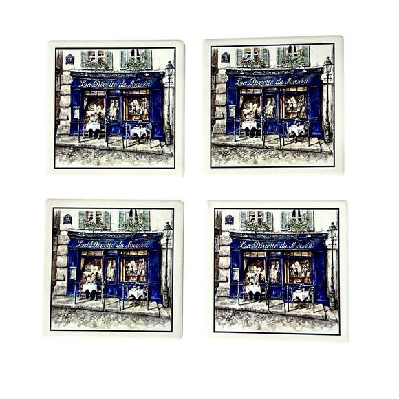 Ceramic Coasters Set Of 4 La Divette Du Moulin Cork Back Tray Paris Cafe - Picture 1 of 12